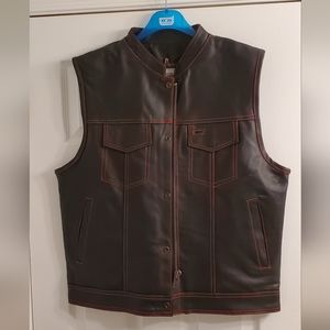 Men's Leather Motorcycle Vest W/ Red Stitching